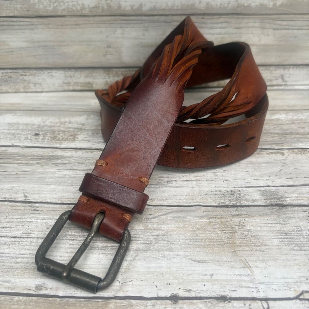 VTG Britches Braided Leather Belt 34 Brown Distressed Woven Western Festival